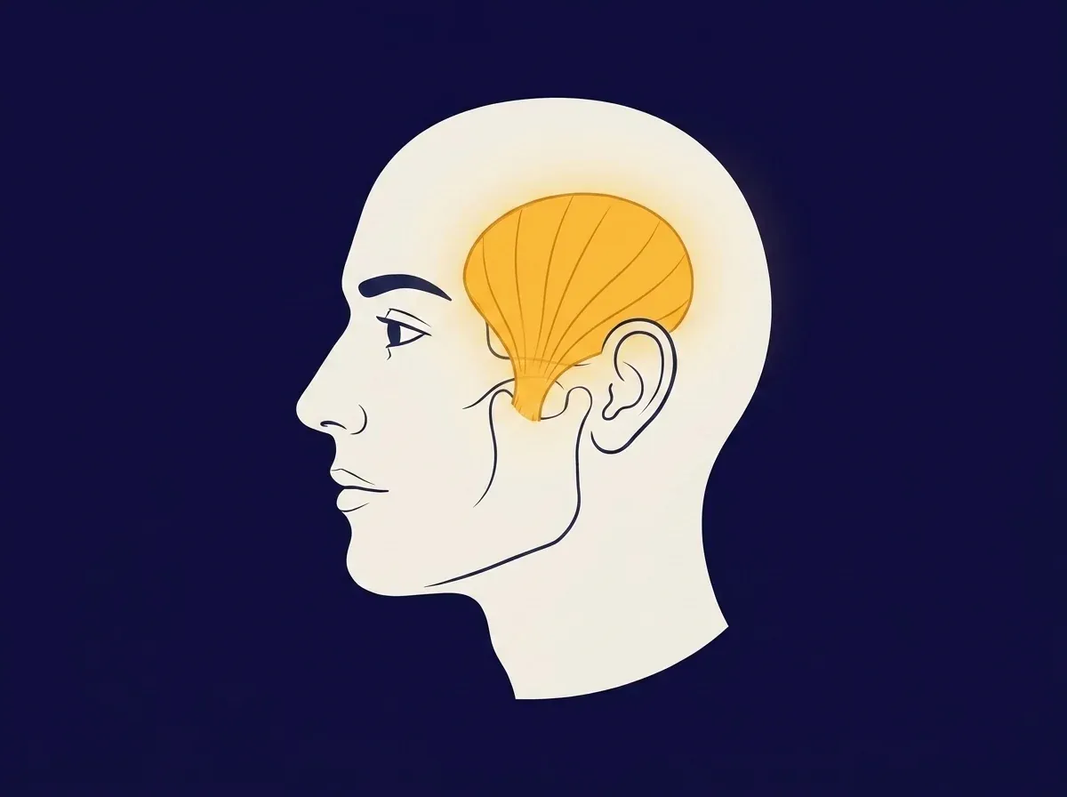 Schema van de temporalis: een spierwaaier over de slaap, die versmalt tot een pees onder het jukbeen