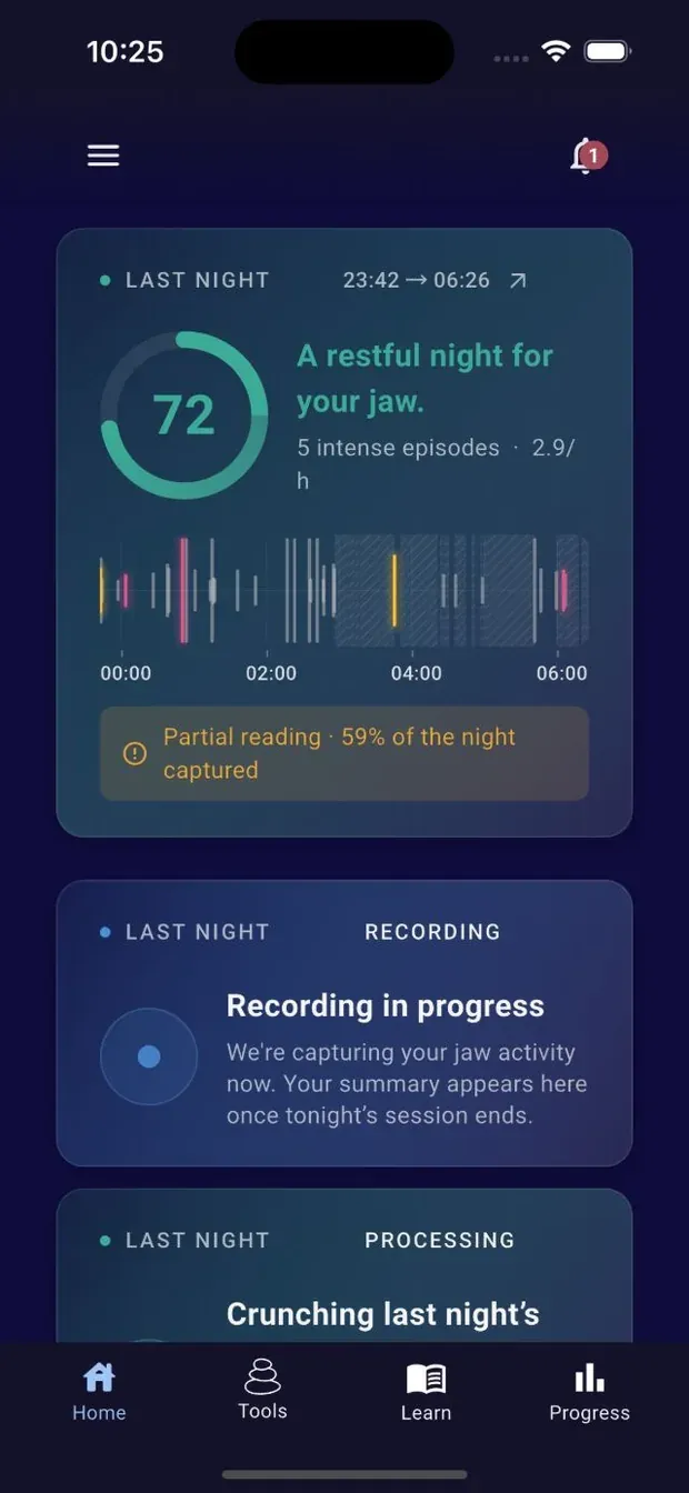 Reading the night before in the JawSense app, in bed, the next morning
