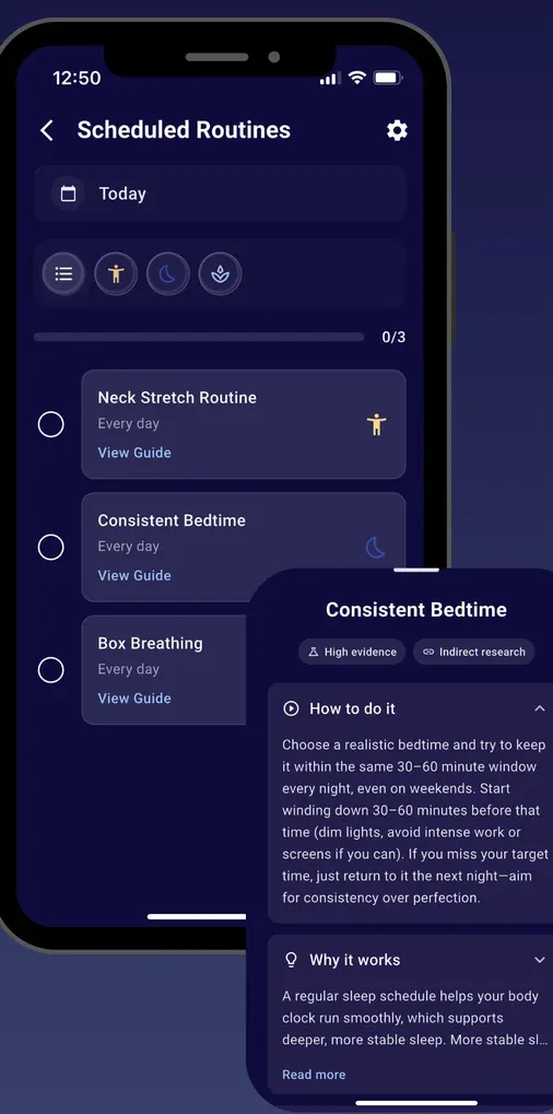 The app's routines screen, showing guided exercise and relaxation sequences
