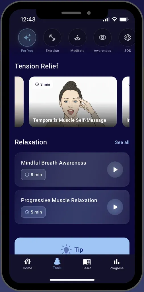 The app's context screen, logging symptoms and triggers alongside the day's score