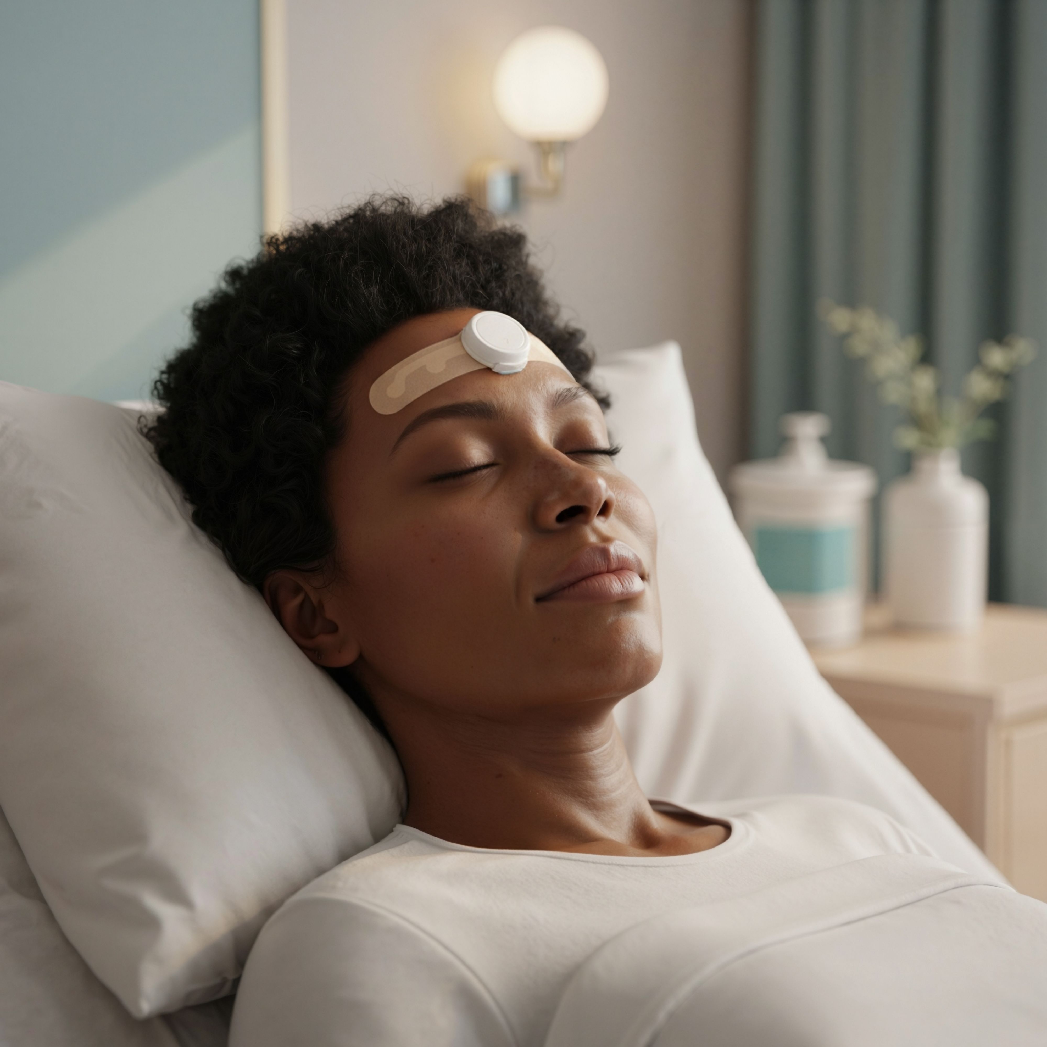 Vrouw gebruikt JawSense bruxisme-monitoring device thuis