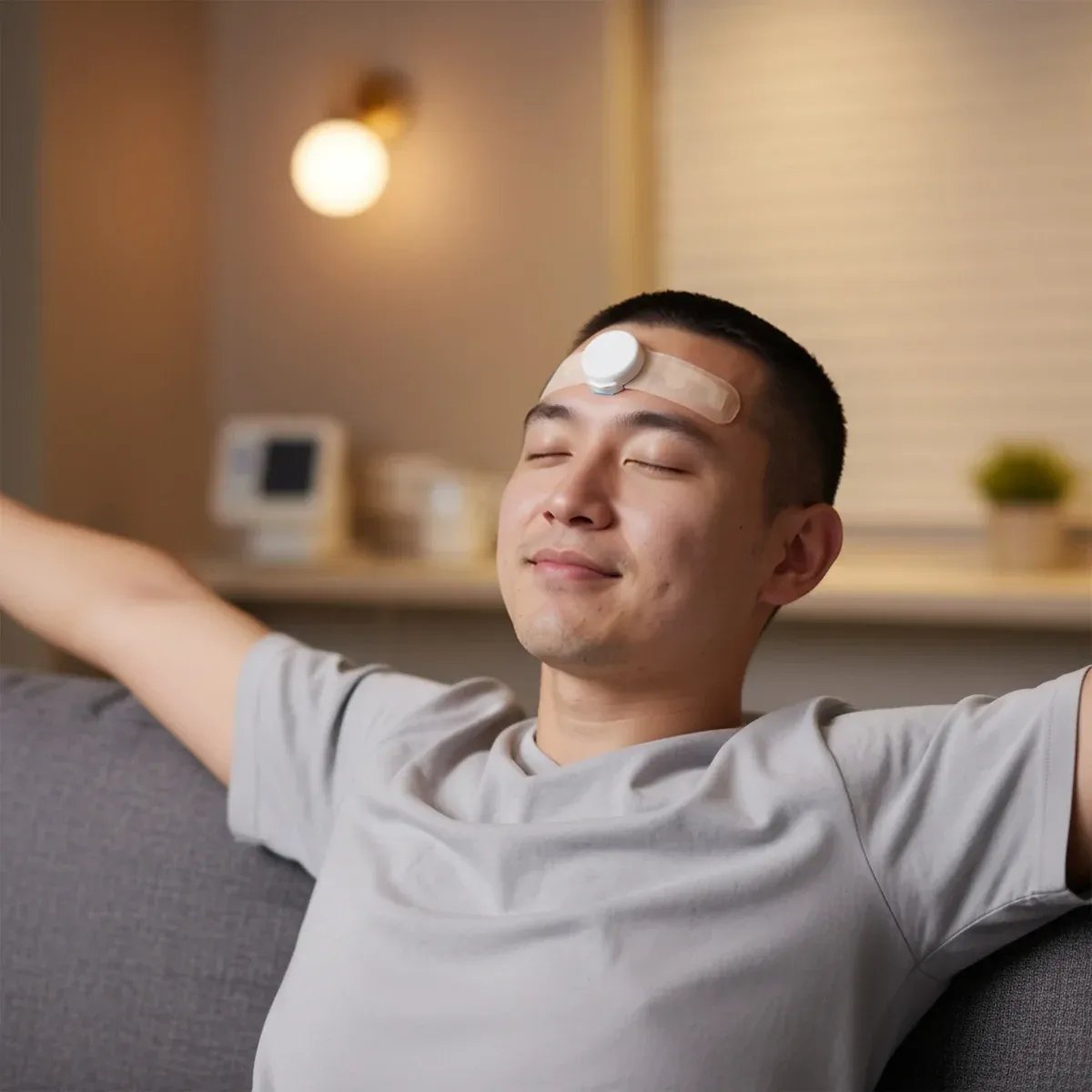 Iemand die de JawSense ONE-sensor overdag draagt