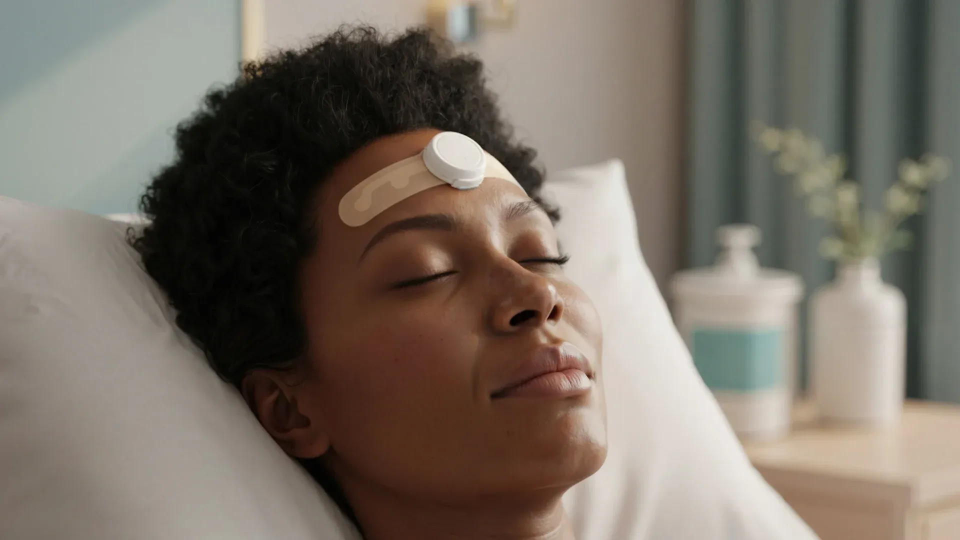 A woman asleep in her own bed wearing the JawSense ONE sensor, a lamp lit behind her
