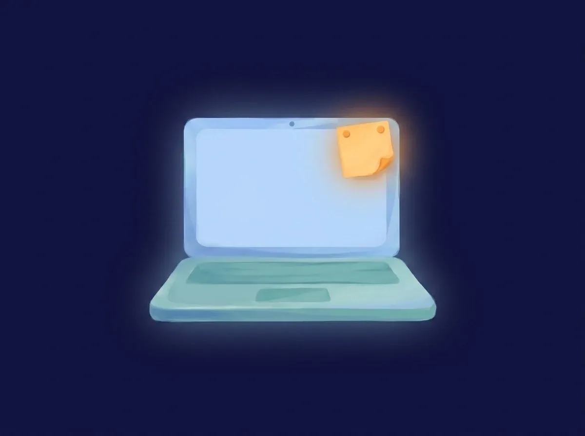 A sticky note glowing on the corner of a laptop screen — a cue sitting where your eyes already go